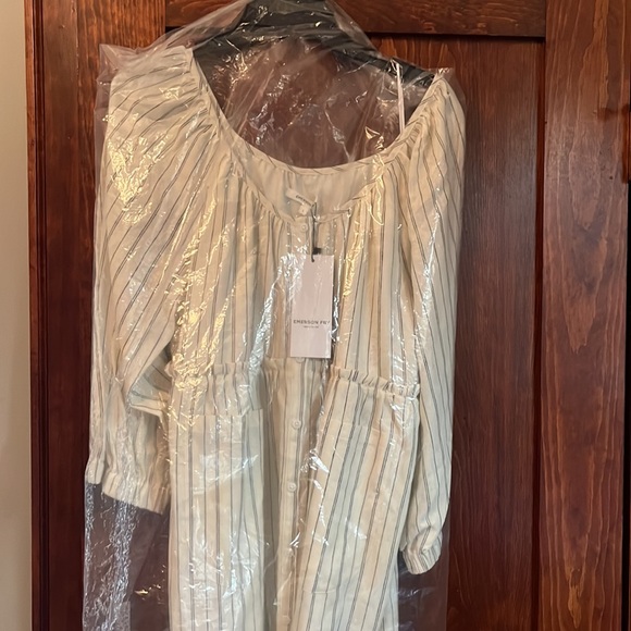 Emerson Fry - JASMINE BUTTON DRESS - IVORY HEMP STRIPE ORGANIC - Size Large - Picture 3 of 3